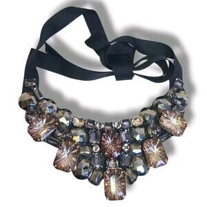 Tasha Chunky Rhinestone Bib Statement Necklace Black Ribbon